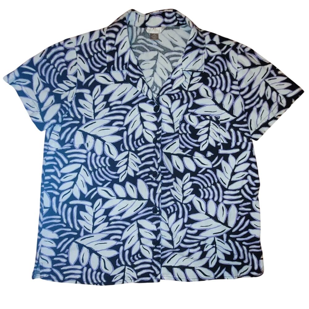Vtg Tropical Purple White & Black Womens Cotton Button Up Shirt Size M Summer
